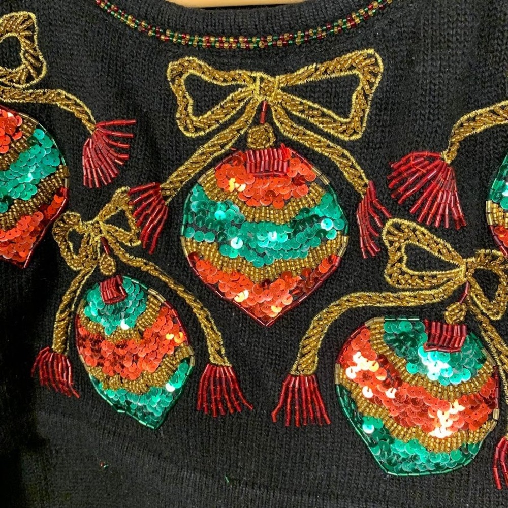 Karen Scott Evening Vintage Christmas Sweater Black Sequin Ornaments Holiday - Picture 2 of 9